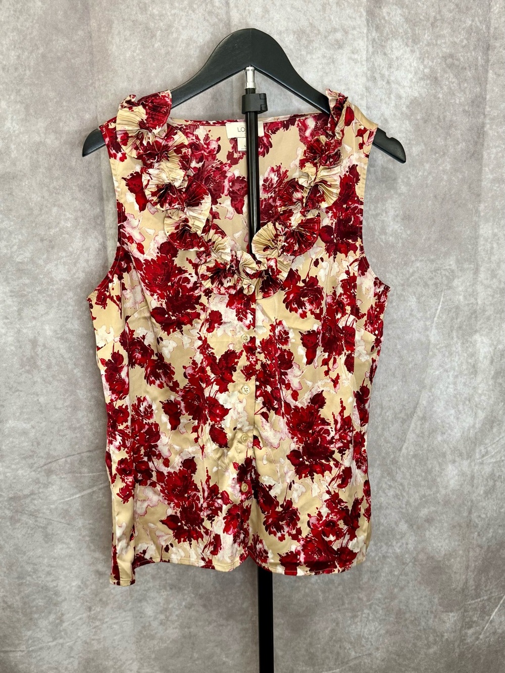 LOFT Red Floral Ruffle Neck Sleeveless Blouse on Cream